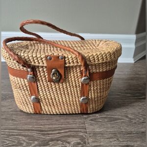 Handmade Vintage Oval Structured Wicker Bag Brown Vegan Leather